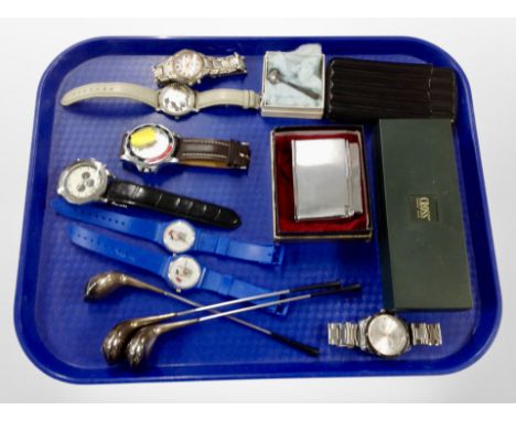 A group of gent's quartz wristwatches, miniature golf drivers, leather cigar case, a fisher table lighter, Cross pen in box.