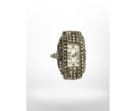 A vintage silver and marcasite ring watch, size O.