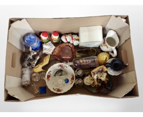 A box of assorted ceramics including Ringtons caddy, glass paperweights, ship in bottle, silver-plated wares, etc.