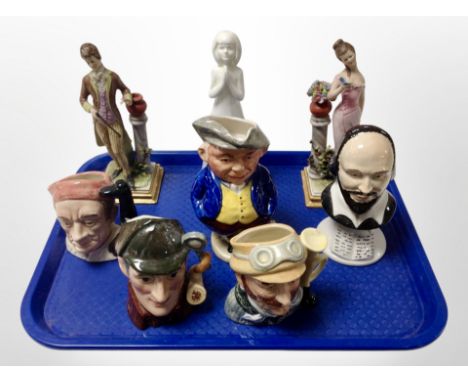 A group of ceramics including Royal Doulton Images figure, miniature Doulton character jugs, pair of Continental porcelain fi