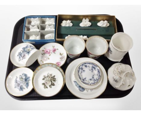 Several Royal Worchester porcelain pins dishes, Minton trinket box, Coalport porcelain placeholders, etc. 