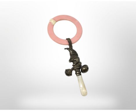 A silver rattle and teething ring modelled as Mr. Punch, Birmingham 1926