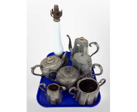 A group of silver-plated tea wares, lamp base.