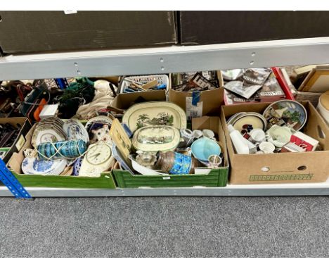 Three boxes of continental studio pottery ceramics including vases, lamp base, dinner china, etc.
