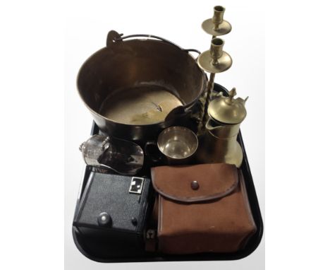 A brass jam pan, pair of candlesticks, vintage Brownie model C camera etc 