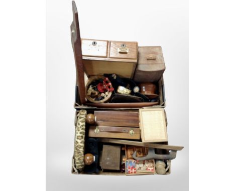 Two boxes containing Scandinavian wooden items including two drawer index chest, mangle board, boxes, chess pieces, bowls.