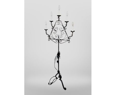 A contemporary wrought iron five sconce lamp, height 170 cm 