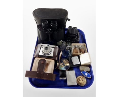 A pair of Prinz 10x50 binoculars, together with a further pair of binoculars, a vintage Ilford camera, a Ronson lighter, comp