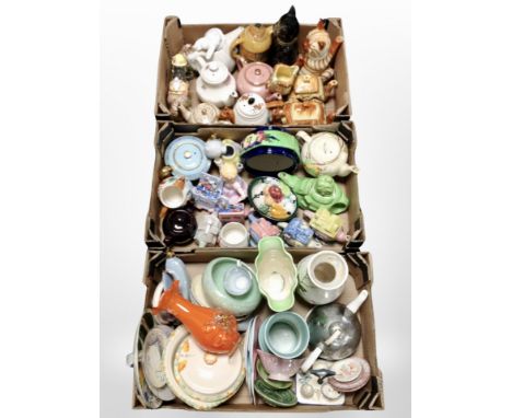 Three boxes containing 20th century ceramic teapots, Maling lustre ceramics, glassware, etc.