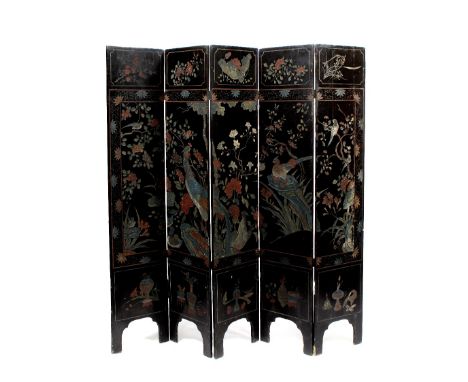 A Chinese coromandel five fold draft screen 19th Century each panel with polychrome birds, blossom and flowers amongst rockwo
