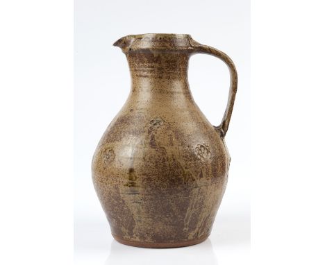 William Marshall for Leach Pottery (British, 1923-2007) Large Jug ash glazed with incised  hatch decoration  impressed potter