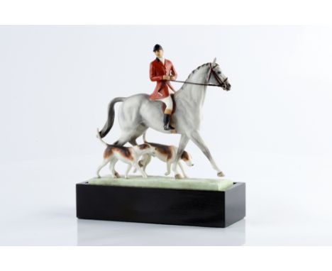 Doris Lindner for Royal Worcester 'Huntsman and Hounds', model 3115 with factory marks to underside raised on black plinth ba