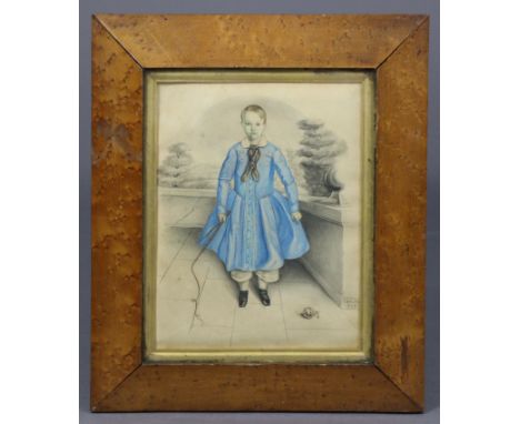ENGLISH SCHOOL, 19th century. A full-length portrait of a young boy in a formal garden holding a whip in right hand.  Signed 