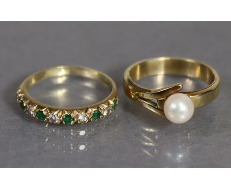 A 9ct. gold diamond &amp; emerald half-hoop ring, the small stones set to a 9ct. gold shank, size: O, (2gm); &amp; a 9ct. gol