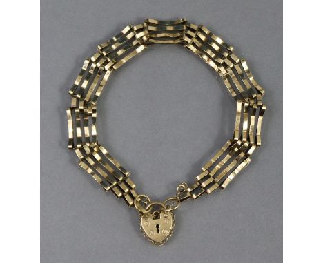 A 9ct. gold flexible gate-link bracelet with padlock clasp &amp; safety chain. (7gm).