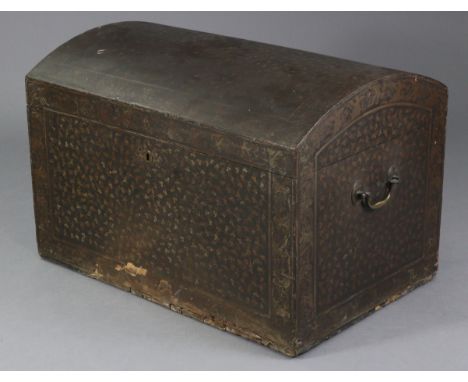 A 19th century dome-top travelling trunk covered in floral printed back &amp; gold material, with shaped &amp; pierced metal 