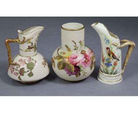 A Royal Worcester tusk jug of blush ivory ground with painted decoration of a bird amongst flowers, the handle modelled as a 