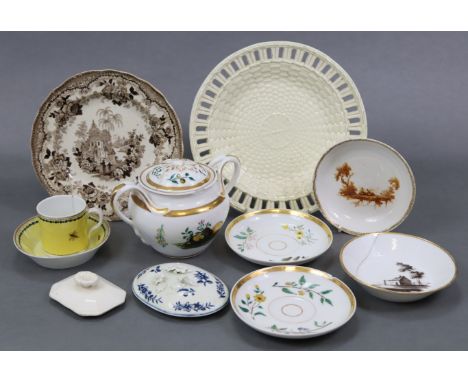 An 18th century Loodsdrecht porcelain saucer with sepia-painted scene of figures in a landscape, 5” diam.; a Paris porcelain 