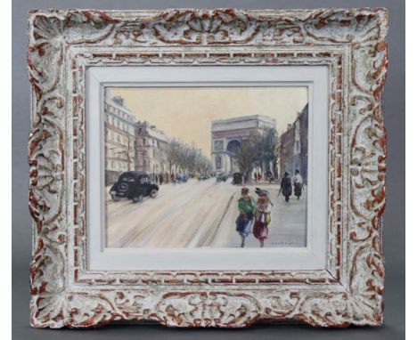 R W. RINALDT (20th century). A Paris street scene, looking down l’Avenue du Bois towards l’Arc du Triomphe.  Signed lower rig