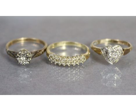 A 9ct. gold ring set tiny diamonds to a heart-shaped panel, size: H/I, (1.5gm); another set three rows of tiny diamonds, size