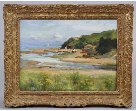 ROBERT EDWARD MORRISON (1852-1925). “Primitive Harbour”, a coastal landscape with flowers to the fore, sailing vessels &amp; 