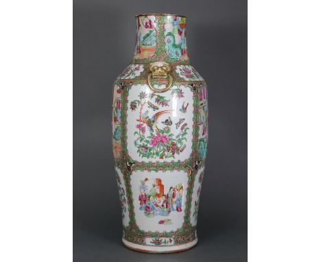 A Chinese porcelain large Cantonese baluster vase with famille rose decoration of figure scenes, flowers, birds, &amp; animal