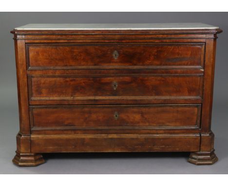 A 19th century French burr-walnut commode, with central corners &amp; moulded edge to the rectangular top inset white marble,