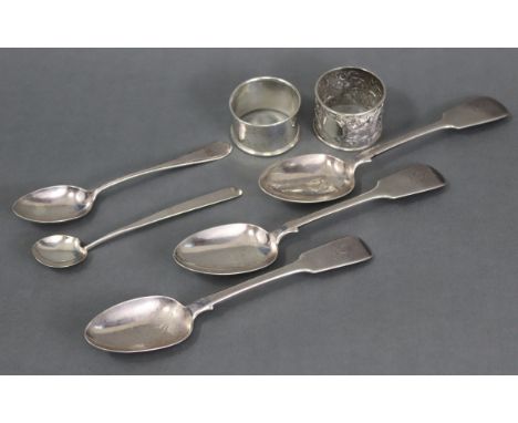 A pair of Victorian silver Fiddle pattern table spoons, Exeter 1847 by W. R. Sobey; a similar table spoon, London 1849 by Eli