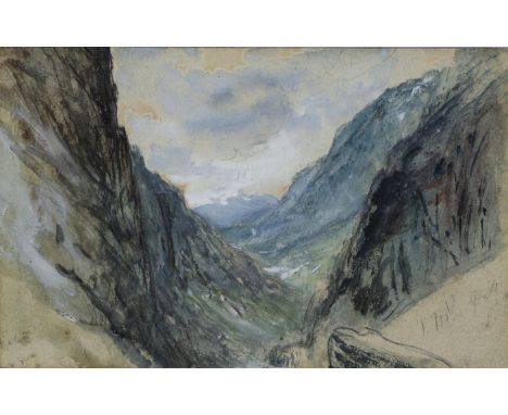 JOHN MACWHIRTER, R.A. (1839-1911). A small sketch titled: “Valley of Glencoe”.  Signed with initials &amp; inscribed with not