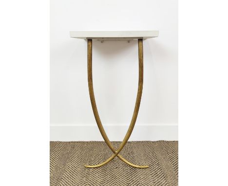 CONSOLE TABLE, white painted rectangular top on gilt metal supports, 78cm H x 44cm W x 35cm D. 