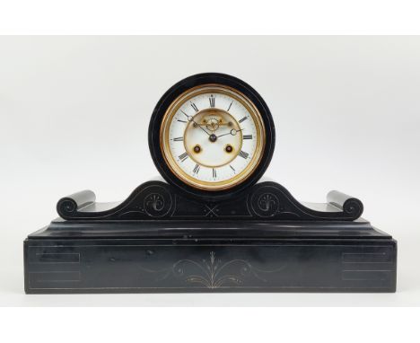 A LATE 19TH CENTURY BLACK SLATE MANTEL CLOCK, eight day movement, white enamelled dial with black Roman numerals, two winder 
