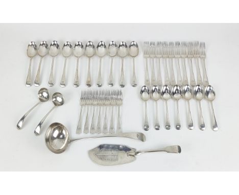 A PART CANTEEN OF STERLING SILVER CUTLERY, London 1921, comprising ten dinner forks, ten table spoons, seven dessert spoons, 