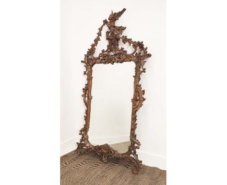 WALL MIRROR, Chippendale style carved frame with  Ho Ho bird cresting, 156cm H x 81cm W. 
