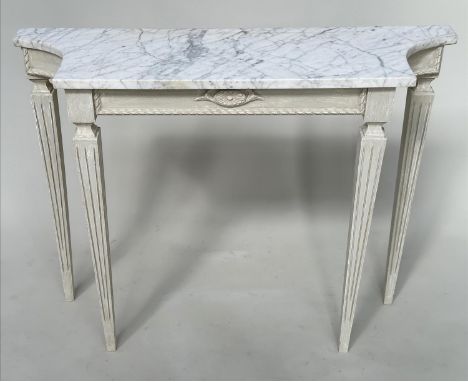 CONSOLE TABLE, mid 20th century Italian Empire style grey painted with striated carrara marble and square tapering supports, 
