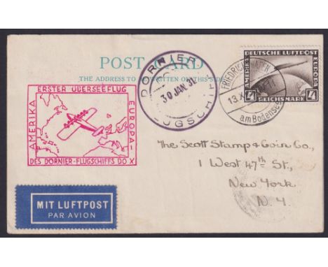 STAMPS GERMANY, 1931 postcard flown by the giant Dornier Do. X. Franked with a 4 RM Zeppelin stamp, postmarked Friedrichshafe