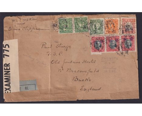 STAMPS CHINA, 1941 cover to England franked with eight stamps, with $1 and three $5 issues with 'Chengtu' anti-bandit chops, 