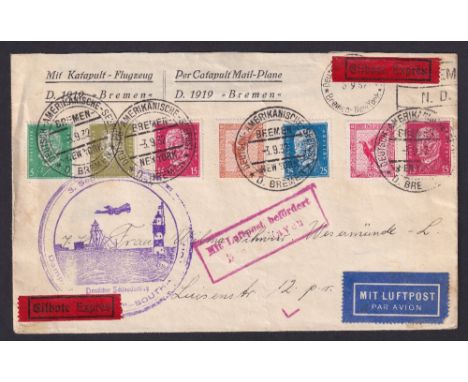 STAMPS CATAPULT MAIL, 1932 Sept, an Express cover posted onboard 'Bremen' and flown by the accelerated ship-to-shore airmail 