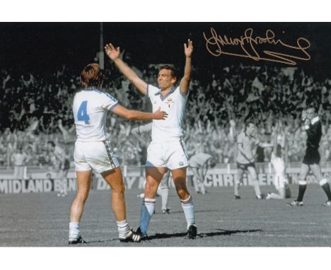 Autographed TREVOR BROOKING 12 x 8 photo : Colorized, depicting a wonderful image showing West Ham United captain Billy Bonds