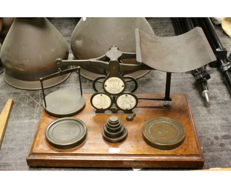 Victorian Oak Postal Scales by Houghton &amp; Sons, London with Weights, 42cms wide