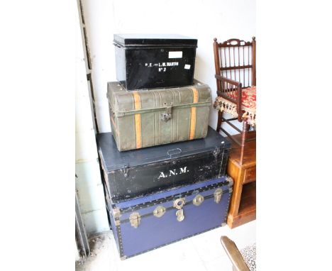 Blue Travelling Trunk, L.92cms h.49cms together with Black Painted Metal Travelling Trunk, Black Painted Metal Deed Box and a