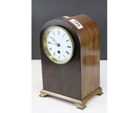 Edwardian Mahogany Domed Cased Mantle Clock, white enamel face with Roman Numerals, raised on Brass Feet, 25cms high