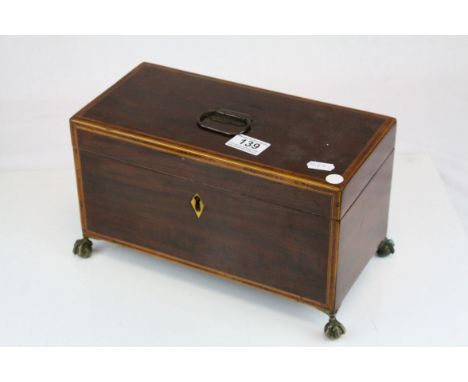 Regency Mahogany Tea Caddy, cross-banded and with string inlay, the hinged lid opening to reveal two lidded compartments and 