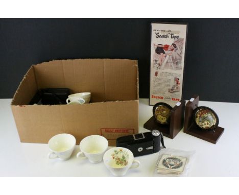 A box of sundries to include pair of globe bookends, cups and saucers, Agfa Billy camera etc.