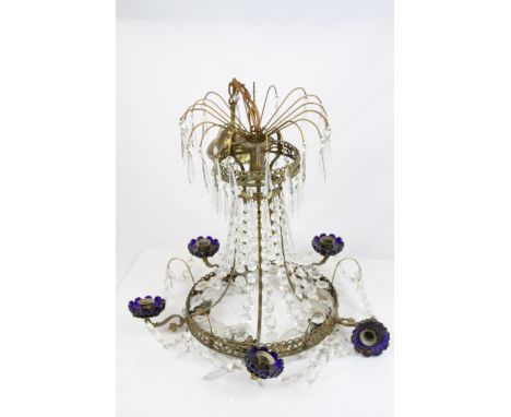 Early to Mid 20th century Gilt Metal Chandelier with Crystal Glass Drops and Blue Glass Flower Shaped Candleholders, d.52cms
