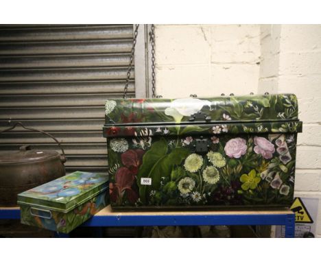 Floral Painted Victorian Tin Travelling Trunk. L.69cms together with a Metal Cash Tim painted with Birds and Fruit
