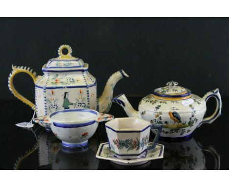 Henriot Quimper Faience Pottery Teapot and Cup &amp; Saucer together with a Quimper Quaiche and a Royan Faience Teapot. talle