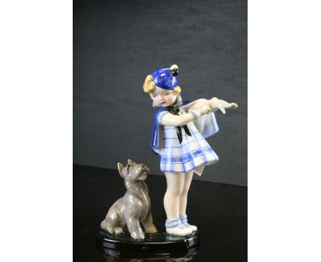 A Goldscheider figures of a girl and dog, model 7664, broken and reglued, h:23 cm                                            