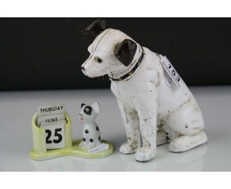 Reproduction ' Nipper ' Moneybox together with a Ceramic Dog Desk Calender