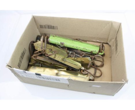 A box of vintage brass balance scales to include Salters.