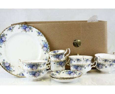 Royal Albert ' Moonlight Rose ' Service including Teapot, 2 milk jugs, oval serving plate, 8 dinner plates, 7 breakfast plate